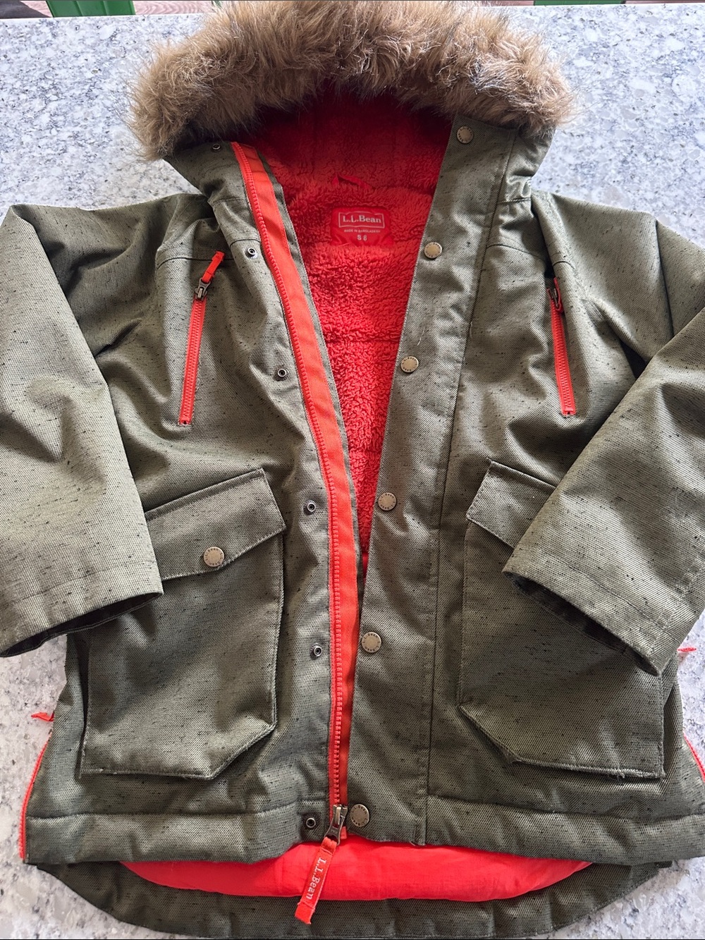 L.L. Bean Olive Green Kids Puffer Coat with Bright Orange Lining